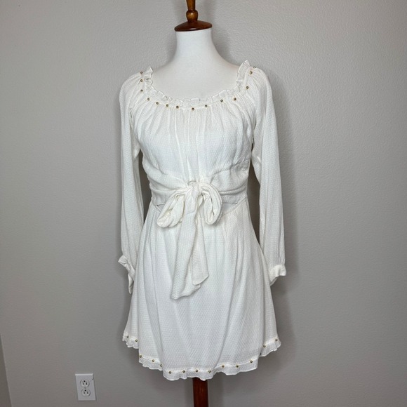 Lovers + Friends Dresses & Skirts - LOVERS‎ & FRIENDS Gauze Mini Dress MED Cut Out White Ties Beads Elastic Waist